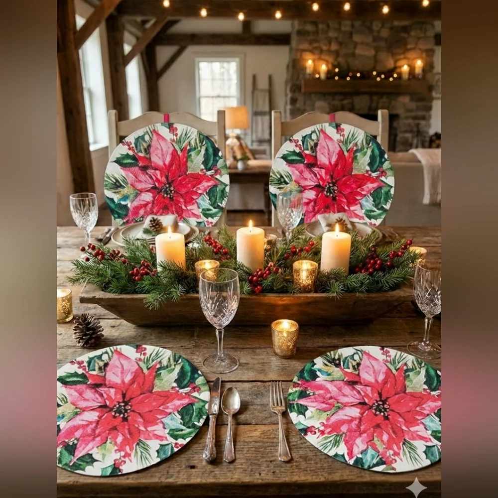 Rachel Ashwell Farmhouse Placemats Poinsettia 100% Cotton Set Of 4  Christmas